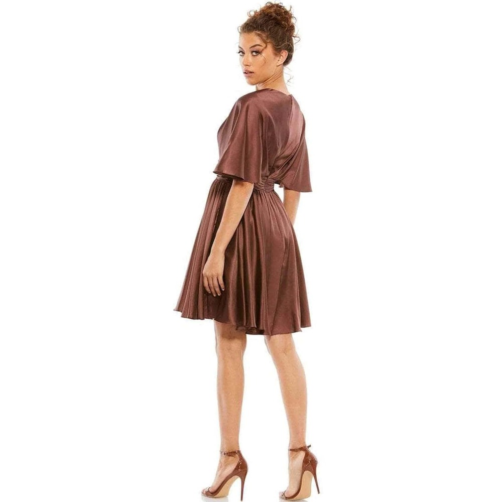Mac Duggal Chocolate Brown Satin Flowy Cape Sleeve Mini Dress Size 6 - Picture 3 of 6